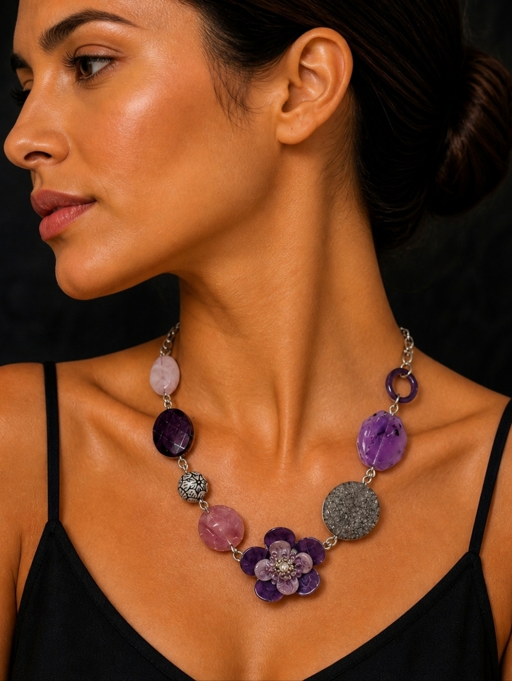 NY Purple Floral Beaded Chain Necklace